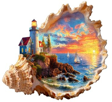 Jigfoxy Holzpuzzle für Erwachsene, Sonnenuntergang am Meer Holz Puzzle, einzigartiges Tierpuzzle aus Holz, Geschenk zu Weihnachten für Familie und Freunde, L-34 * 32cm-210Teile