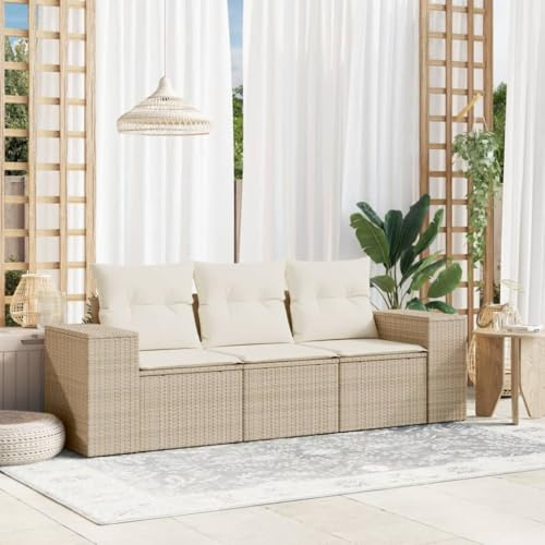 KKHOMEI Gartensofa 3-Sitzer Balkon Sofa Rattan Lounge Sofa Outdoor Sitzbank Klein Balkonmöbel Rattansofa Beige und Creme 3-Teilig Type-1970