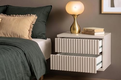 konsimo Rectus Hängender Nachttisch 2er Set mit Schublade, schwebende Nachtkonsole Wandmontage, geriffelte Front, Push-to-Open, modernes Design, hergestellt in der EU, Cremefarben, 40x30x38,5 cm