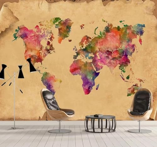 Retro Nostalgic Hand Drawn Colourful World Map 3D Wallpaper Easy Install Feature Office Living Room Sofa Bedroom TV Background Wall Decoration-250cm×170cm