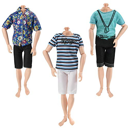 Asiv Modische 3 Kurze Ärmel und 3 Hosen Freizeitkleidung für Ken Barbie Puppen, Geburtstag Party Geschenk
