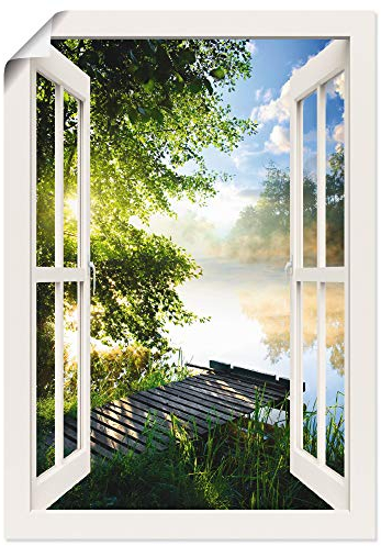 ARTland Poster Bild ohne Rahmen Wandposter 70x100 cm Fensterblick Fenster Landschaft Wald Natur See Angelsteg Sonne Frühling T1JK