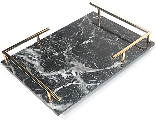 PuTwo Deko Tablett Vintage Marmor Bedrucktes Tablett MDF Servierplatte Tablett Rechteckige Platte im Badzimmer Tablett mit Griff Bad Aufbewahrung Organizer (Schwarz & Gold)