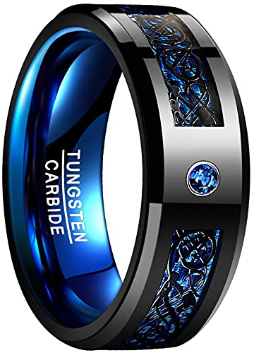 Vakki 8mm Schwarz + Blau Keltischer Drachen Ring Wolfram Ring für Herren mit Zirkon und Kohlefaser Bestes Geschenk für Liebhaber Größe 70(22.3)