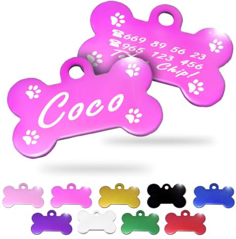 Ibera Gifts - Chapa Perro Grabada en Forma de Hueso, Placa Perro Personalizada para Perros y Gatos Pequeños y Medianos, Tamaño 30 x 20 mm, Chapa Identificativa Perro y Gato (Fucsia con Patas)