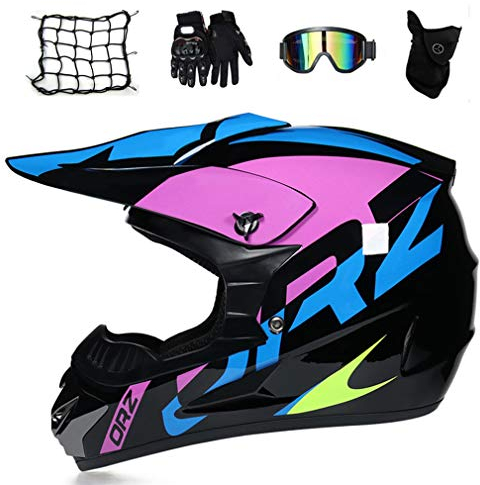 Motocross Helm Damen Schwarz Lila Motorrad Crosshelm Kinder Set (5 Stücke/ Brille/ Handschuhe/ Maske/ Motorrad Netz) Motorradhelm Schutzhelm Set für Off Road ATV Downhill MTB,L