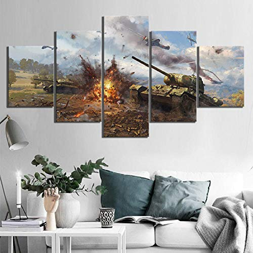 Leinwanddrucke 5 Stück Kunstdruck Wandbild 150×80Cm Flugzeuge Und Panzer War Thunder Game Mehrteilig Aufhängen Bilder Für Wohnzimmer Wohnkultur,Hd Gedruckt Rahmen Segeltuch Malerei