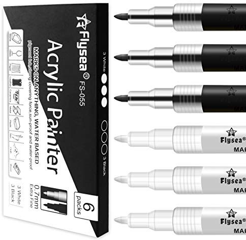 Acryl-Farbstift, weiß, schwarz, 6 Stück, schwarze Marker, für Steinholz, Stoff, Kunststoff, Leder, Glas, Stein, Metall, Leinwand, Acrylfarben auf Wasserbasis