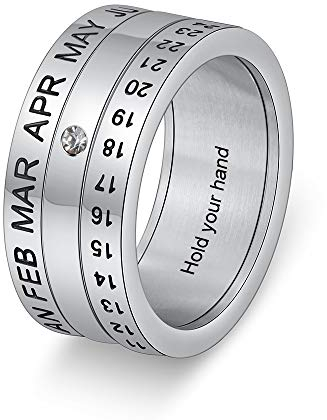 Jewelora Ring für Frauen Männer Personalisierte Paar Ringe mit Geburtsstein Titan Stahl Drehbarer Kalender Monat Datum Ring Kostenlose Gravur Geschenk zum Valentinstag (Silber, 58 (18.5))