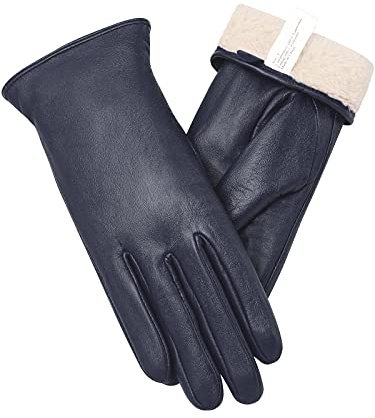 Vislivin Full-Hand Womens Touch screen Gloves Genuine Leather Gloves Warm Winter Texting Driving Glove Dark Blue-1 XL