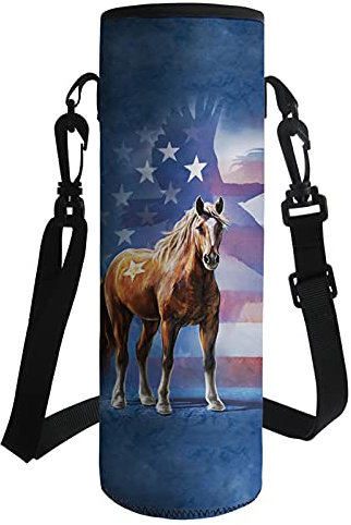Wanyint Brown Horse Water Bottle Carrier Holder Bag for Travelling Camping Walking Hiking Running Navy Blue Sky American Flag Print Water Bottle Accessories