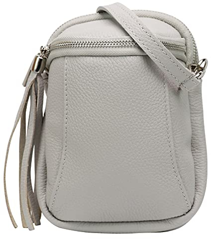 SH Leder Damen Handytasche Umhängetasche Geldbörse Multifunktion Beutel Schultertasche aus Echtleder Verstellbar Schultergurt Handy bis 6.9 Zoll 14x19.5cm Emma G328 (Hellgrau)