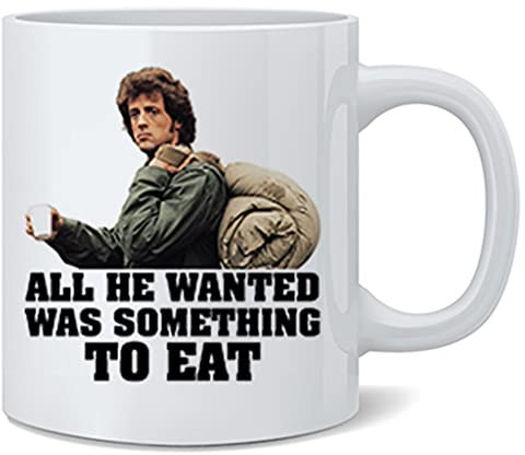 Rambo All He Wanted Was Something To Eat Retro Vintage 80er Jahre Film Theater Decor Memorabilia Action Film Sylvester Stallone Collection Classic War Keramik Kaffeetasse Teetasse lustiges Geschenk