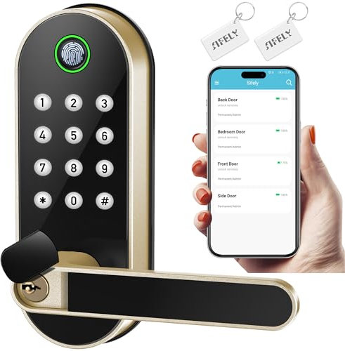 Keyless-Entry Fingerprint Smart Door Lock: Sifely Digital Electronic Lock with Code Passcode, Electric Door Knob, Biometric Door Handle, Perfect for Exterior/Interior/Entry/Bedroom Doors (Gold)