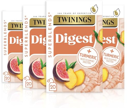 Twinings Superblends Digest Tea, Ginger & Turmeric, 80 Tea Bags (4x20) | Multipack, Herbal Infusion, For After Meals, Fig, Ginger, Turmeric, Naturally Caffeine Free, Individually Wrapped