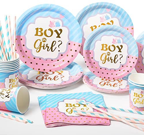 Yidaxing Gender Reveal VaisselleJetable, 120pcs Kitde Vaisselle Baby Shower Decoration Mixte pour Boy Or Girl Plates Bleu et Rose Décoration Bébé Révélation Genre(24 Guests)