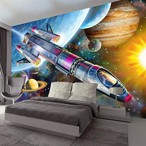 Foto 3D Poster Tapete Moderne handgemalte Cartoon Weltraum Universum Rakete Kinderzimmer Wandbild Tapete Kinde TV Wandbild Tapete Wanddekoration fototapete 3d Vlies wandbild Schlafzimmer-250cm×170cm