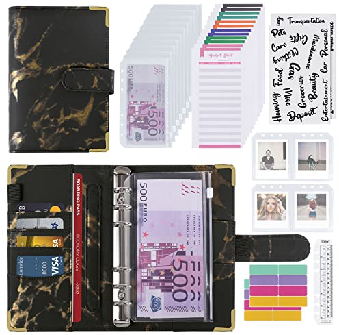 Budget Planner Budget Binder A6 Cash Stuffing Umschlagmethode Pu-Leder Ringbuch Sparbuch mit Folien Zubehör, Finanzplaner für Geld Organizer, Geld Sparen Mappe (Schwarz)