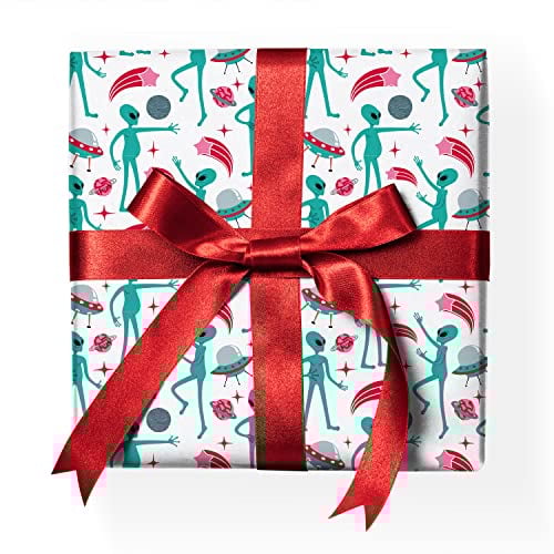 Kultiges Alien Geschenkpapier Set mit Ufos & Sternen, Weltall Dekor-Muster-Papier zum Einpacken von Geschenken, basteln, scrapbooking, türkis Format: 32 x 48cm, 4 Bogen