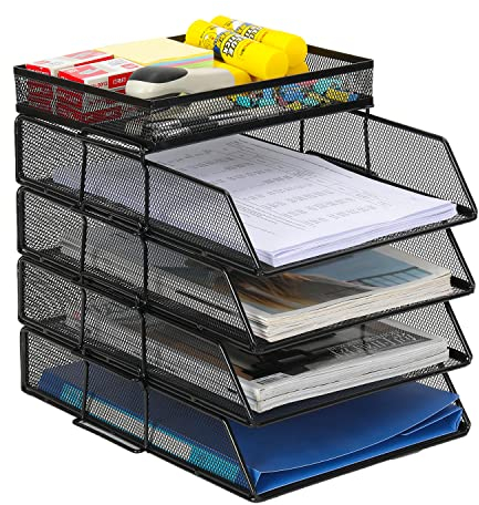 EasyPAG 5 Niveles Metal Malla A4 Bandejas Oficina Apilables Soporte Documentos Almacenamiento Revistas Organizador Escritorio Clasificador Carta Estante Papel,Negro