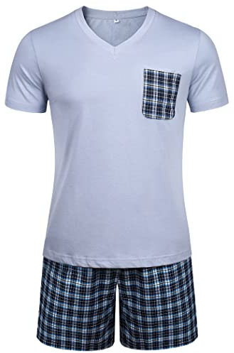 Winovia Pyjama Court pour Homme - 100% Coton - Manches Courtes - Ensemble avec Pantalon à Carreaux Bleu Clair XXL