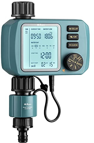 HiOazo Bewässerungscomputer, mit Wasser durchflussmesser, 3 Zeitplänen, Automatische/Manuell Bewässerungssteuerung, Regenverzögerung, Wasserdurchflussmesser, HO-WT-1