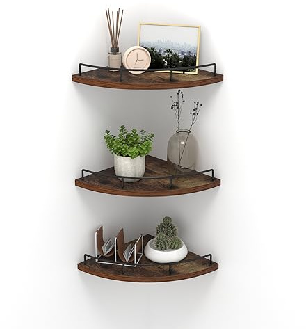 HORLIMER Floating Corner Shelf Wall Mount, Set of 3 Rustic Wood Corner Wall Shelves with Fence for Bedroom, Living Room, Bathroom, Kitchen, Brown
