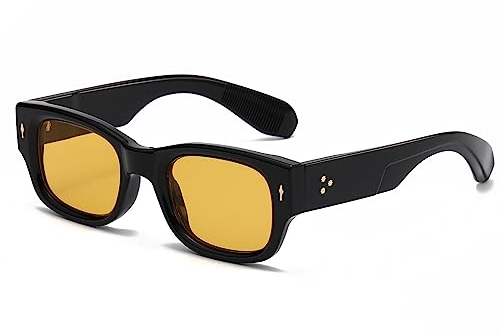 YAMEIZE Vintage Rectangle Square Sunglasses for Women Men Retro Trendy Rectangular Chunky Rave Tinted Sunglasses UV400 Protection Black Yellow