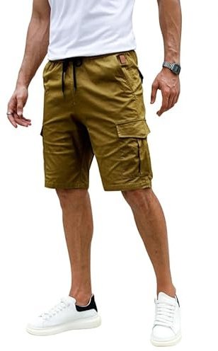 Elegancity Kurze Hosen Herren Cargo Shorts Freizeithose | Sommer Chino Shorts Mit 6 Taschen,Kurze Cargohosen,Elastische Taille,Kordelzug,Holzhalter Stil,Freizeit und Alltag