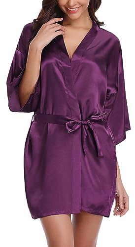 Migcaput Vestaglia Kimono in Raso da Donna Accappatoi e Vestaglie Satin Sexy Donna per Abiti da Sposa Damigelle damigella d'onore viola scuro L
