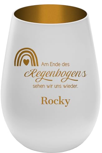 Trauerlicht Gedenklicht für Haustier mit schönem Spruch - Außen Weiß/Innen Gold - Design 8 - personalisierbar mit Name - Höhe 12 cm - Gravur Windlicht Teelichthalter Hund Katze