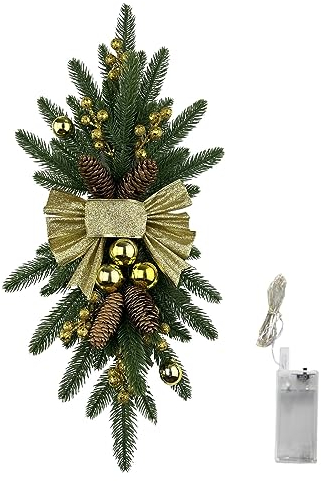 |Golden Glow Weihnachts-Treppengirlande mit leuchtenden Effekten, Schleife, Tannenzapfen, Verzierungen, Heimdekoration für Festliche Feiertage Steckschaum Kranz 60 cm (Gold, A)