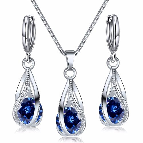 Hanaoops Schmuckset Damen Silber 925 Set Teardrop Cubic Zirkonia Kristall-Anhänger Halskette Ohrringe Sets Geschenk für Set Freundin Ehefrau am Valentinstag blau