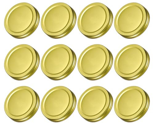 QUARKZMAN 12 Couvercles pour pots Mason, 70mm/2.76 Bouche régulière en étain, étanches pour la mise en conserve et le rangement de cuisine (ton doré)