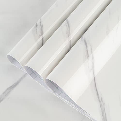 TOTIO Papier peint blanc marbré 80CMx8M surdimensionné Papier peint autocollant film pour meubles blanc ivoire Motif marbré brillant Autocollant pour meubles résistant à l'eau Papier