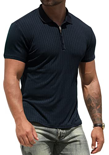 NITAGUT Poloshirt für Herren Workout Leistung Slim Fit Reißverschluss T-Shirts Männer Sport Golf Tennis Oberteile,Marineblau,XL