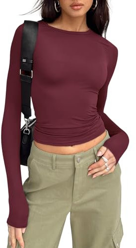Trendy Queen Womens Long Sleeve Shirts Fall Fashion 2025 Basic Crop Tops Going Out Workout Outfits Y2k Clothes, Wine Red, M
