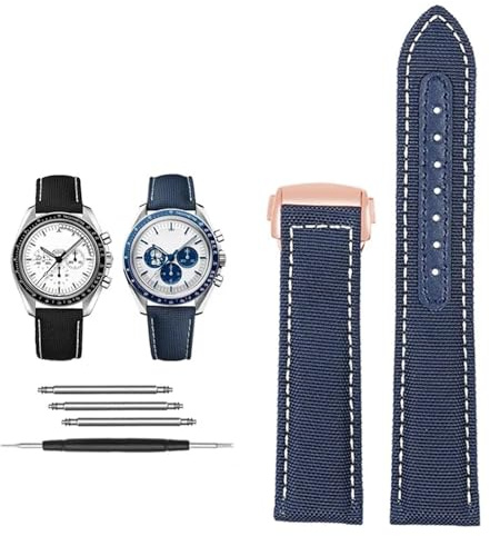 GUMMMY 19mm 20mm Canvas Nylon Watchbands For Omega Seamaster 300 Speedmaster AT150 Omega Speedmaster Slubby 310.32 Series Nylon Strap (Color : Blue white Rose gold, Size : 19mm)