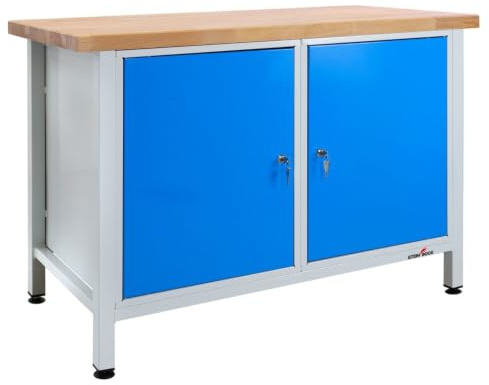 Steinbock Werkbank 2 Türen | 120x84x60 cm | 300 kg | Blau | 300 kg Tragkraft | 4 cm geölte Massivholz-Arbeitsplatte aus Buche | stabiles Stahlgestell | Werktisch | Made in EU
