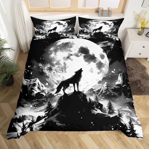Moon Wolf Bettbezug 135x200 für Jungen Mädchen Erwachsene,Schwarz-Weiß Wolf Bettwäsche Set Gothic Home Decor,Wild Safari Tiere Tröster Bezug Berg Wolf Bett Set