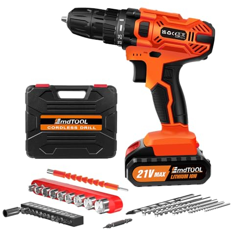 Akkuschrauber, 21V Akku Bohrschrauber Set, Akkubohrer 42Nm Max Drehmoment, 25+1 Drehmomentstufen Akku Bohrmaschine mit 2 Akkus, Ladegerät, 29 Zubehöre und Koffer für Haus DIY - Orange