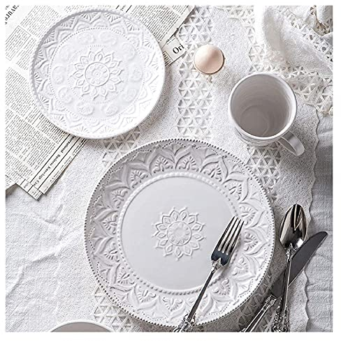 GaRcan Sudemota Dinner Plate Stylish Dinner Set for Restaurant and Home, Ceramics Dinner Sets, 24 Pieces White Vintage Relief Porcelain Dinnerware Set | Nordic Style Cereal Bowl Steak Plate and Mug