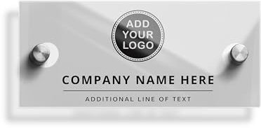 Letrero acrílico personalizable para puerta de negocios con logotipo y texto, ideal para oficinas profesionales y espacios comerciales