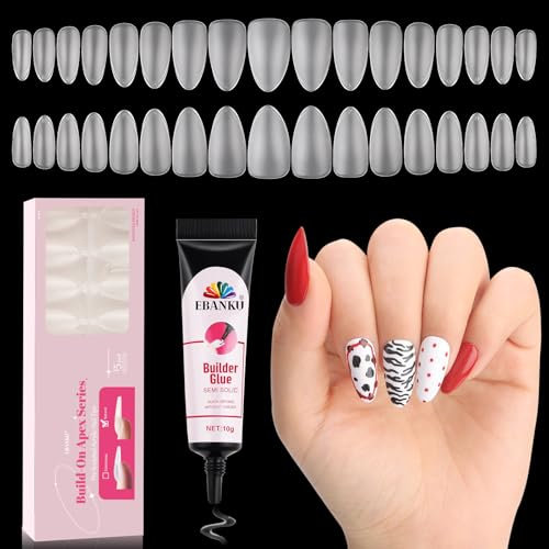 EBANKU Build on Apex Natural Nail Tips, 16 Sizes 480 PCS Medium Almond Clear Acrylic Full Cover Press on Nails with Builder Glue, Pre-applied Tip Primer & Base Coat