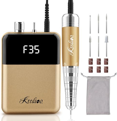 Kredioo Ponceuse pour Ongles 35000 Tours Rechargeable Portable Lime à Ongles Electrique avec Affichage LE et 6 Embouts pour Retirer Acrylique/Gel Puissante Silencieuse Dorée