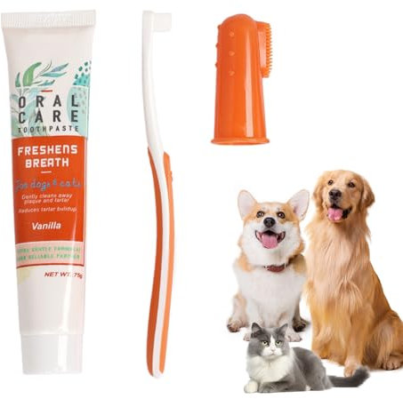 Dog Toothbrush and Toothpaste,Cat Toothbrush,Dog Finger Toothbrush,Cat Toothbrush and Paste,Dog Toothpaste and Brush,Toothbrushes for Dogs Cleaning,Tartar Removal,Fresh Breathe(Vanilla Flavor)