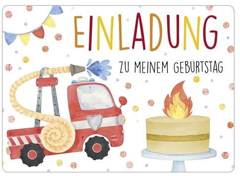 CALLUNA® 12 Einladungskarten zum Kindergeburtstag – Bunte Einladung zur Geburtstagsfeier – Geburtstagseinladungen – Partyeinladungen – Feuerwehr (ohne Versandhüllen)