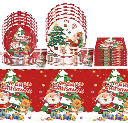 OPVXZAD 51PCS Stoviglie per Feste di Natale,Set Piatti Carta Natale,Piatti e Tovaglioli Natale con Piatti Carta Natalizi Bicchieri di Carta Natalizi Tovaglia Tovaglioli-10 Persone