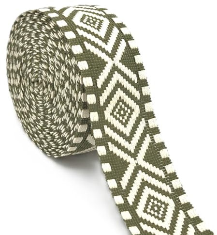 AnseTendance sangle coton 38mm rouleau de 10 mètres bicolore ethnique motif losanges géométrique pour sacs à main tote bag couture anse bandoulière mercerie vert Kaki et blanc