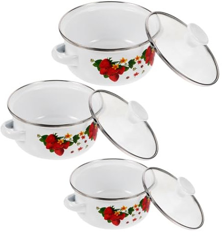 Ciieeo 3 Piezas Tazón De Esmalte Olla Antiadherente Con Tapa Ollas Pequeñas Para Cocinar Cucharón Recipiente Para Cocinar Batería De Cocina Doble Asa Envase Cazuela De Sopa Pava